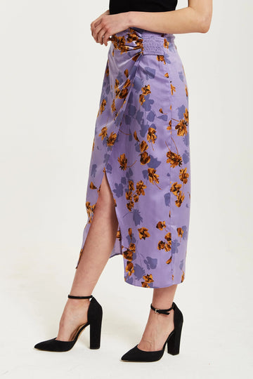 Purple Floral Midi Skirt With Ruching Detail Liquorish